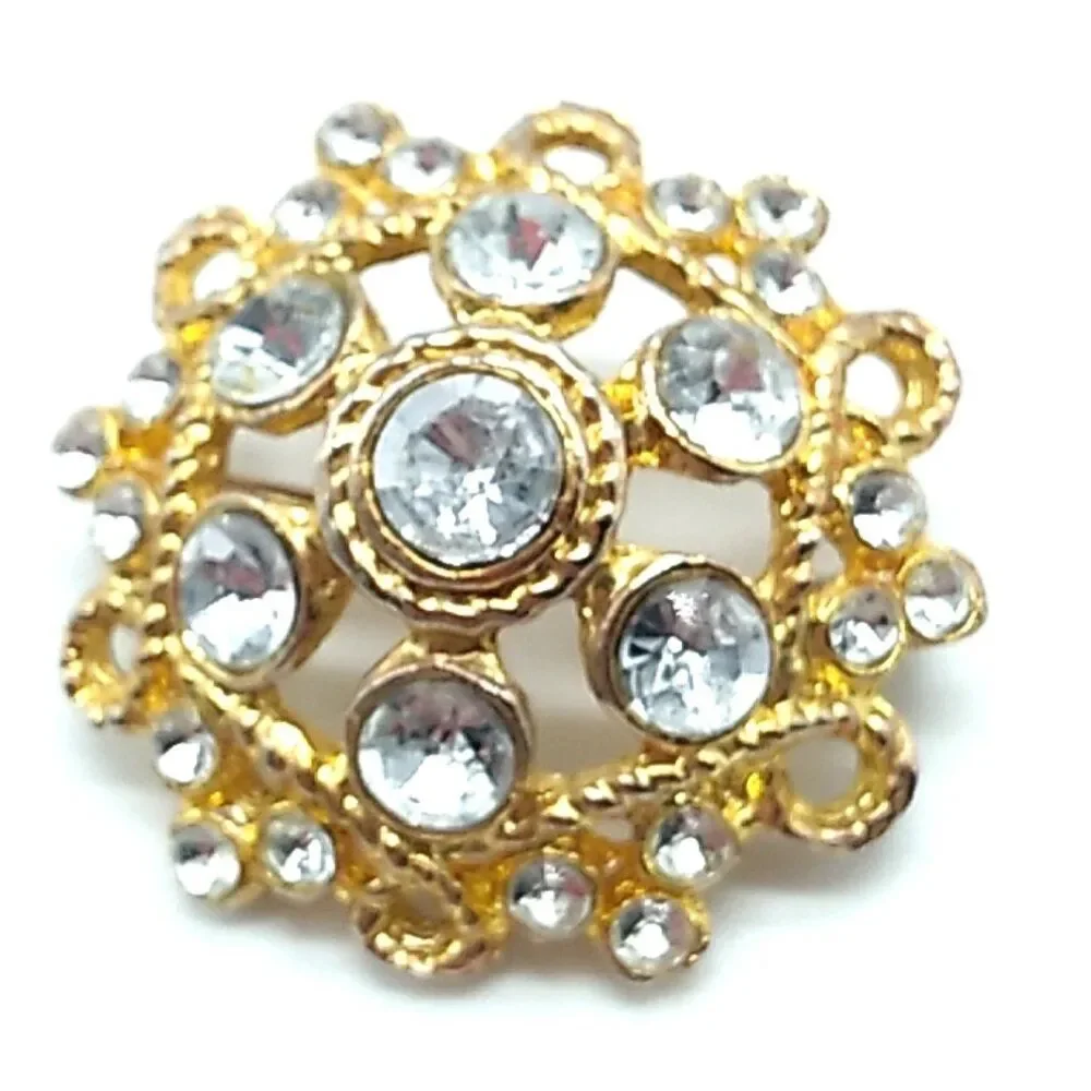 Vintage Twisted Rope Brooch Dome Shaped Rhinestone Gold Tone Pin